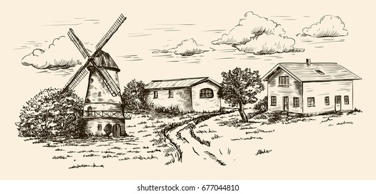windmill, village houses and farmland