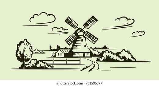 windmill, village houses and farmland