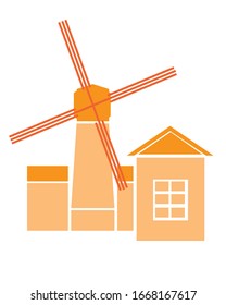 Windmill in the village isolated on a white background for design. Flat vector stock illustration with building as eco production concept or logo.