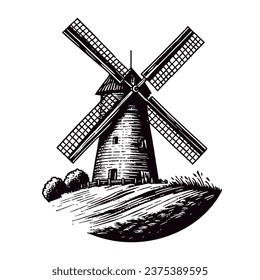 windmill vintage hand-drawn vintage sketch