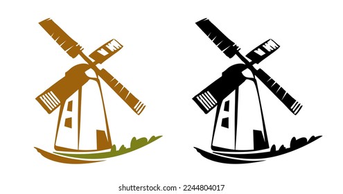 Windmill. Vintage logo design.  Retro Logo Template. Bakery fresh bread, mill vector icon. 