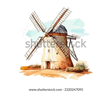 Windmill vintage watercolor hand drawn. Vector illustration desing.