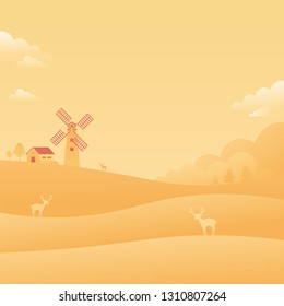 Windmill Warm Sky Landscape Landscape Falling Stars Nature Background Flat Style Vector Illustration