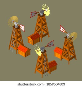 A windmill or water pump from the American Wild West. Isometry in different angles.