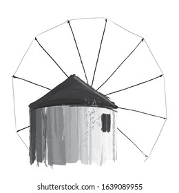 Windmill Watercolor Black & White Illustration