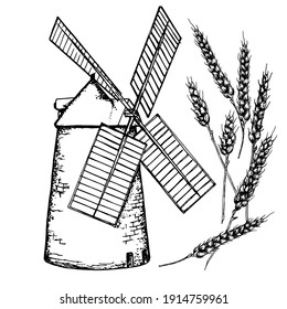 Molino de viento y orejas de trigo. Ilustración en blanco y negro. Esbozo.Aislado. Sobre un fondo blanco