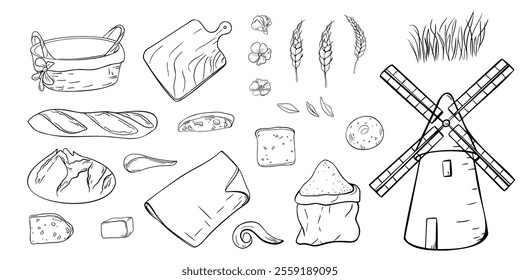 Windmill, wheat ears, empty straw basket and assorted bread hand drawn black white vector isolated. Set of line illustrations for themes of agriculture and flour milling, baking, and organic products.