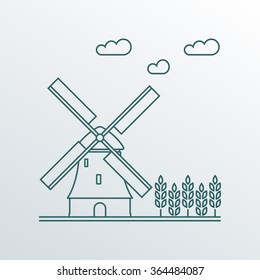Windmill and wheat ears. Mill line symbol. Agriculture landscape. Colorful outline vector illustration in flat style.