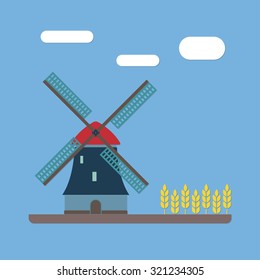 Windmill and wheat ears. Mill symbol. Agriculture landscape. Colorful vector illustration in flat style.