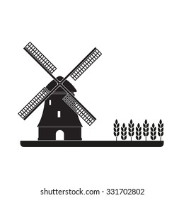 Windmill and wheat ears. Mill symbol. Agriculture landscape. Vector illustration in flat style.