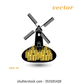 Windmill and wheat ears. Mill symbol. Agriculture landscape. Vector illustration in flat style.