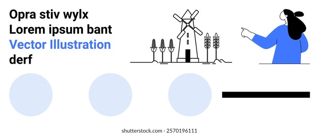 Windmill and wheat field with a person pointing towards it. Ideal for agriculture, renewable energy, sustainable farming, nature conservation, eco-friendly practices. Banner for landing page