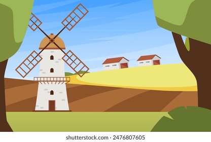 Windmill in a wheat field vector flat illustration. Retro rural mill building, stone tower with propeller. Agriculture farming construction for milling flour. Vintage countryside architecture