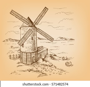 Windmill with Wheat Fields in graphic style