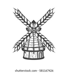 windmill with wheat isolated on white background. Design elements for logo, label, emblem, sign, brand mark. Vector illustration.