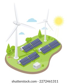 Windmühle Windenergie und Solar Plant Green Power Ökotechnologie-Symbole Konzept Elektrische Illustration isometrische einzelne Vektorgrafik