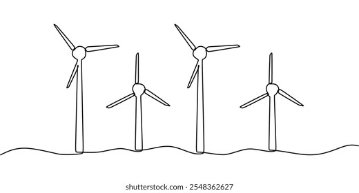 Molino de viento y generador de viento representado en un dibujo continuo de una línea. Concepto de energía renovable.