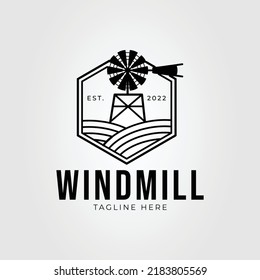 windmill or wind miller with propeller on hexagon badge logo vector illustration design