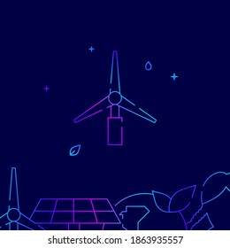 Windmill, wind turbine gradient line vector icon, simple illustration on a dark blue background, eco activism related bottom border.