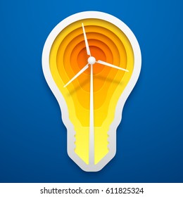 Windmill within lightbulb shape. Paper art for the Earth Day decoration. Vector illustration of alternative energy idea. Concept design for cards, posters, flyers, stickers.