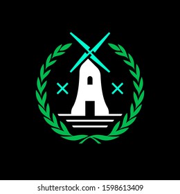 Windmill within a wreath leaves badge
