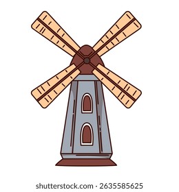 Windmill with wooden blades and stone base, simple vertical shape with windows. Groovy cartoon doodle style. Windmill for farm themes and kids design. Vector illustration