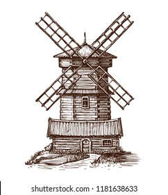 Windmill, wooden old mill sketch. Vintage vector illustration