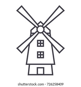 windmill,holland vector line icon, sign, illustration on background, editable strokes