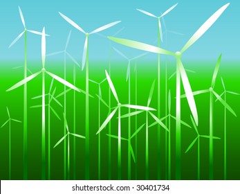 Windmills appearing like vector flowers in a field