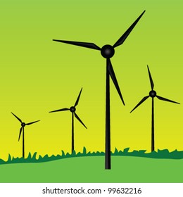 windmills art vector illustration on green grass