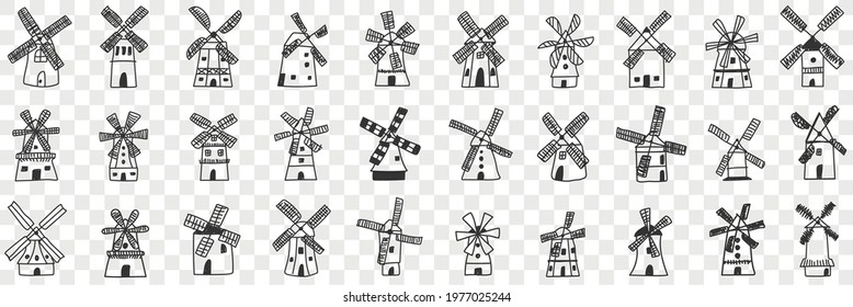 Windmills during work doodle set. Collection of hand drawn various windmill working on energy and power in rows isolated on transparent background 