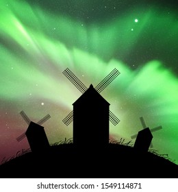 Windmills in field at night. Vector illustration with silhouettes of mills on hill. Summer rural landscape. Northern lights in starry sky. Colorful aurora borealis
