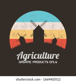 Windmills in field. Retro illustration with silhouettes of mills on hill. Rural landscape. Vector background for prints, t-shirts