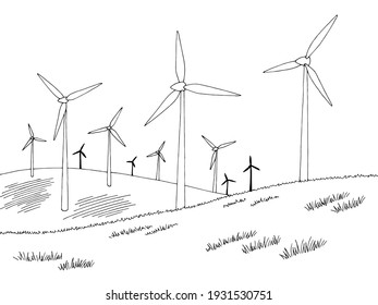 Windmills graphic black white landscape sketch illustration vector