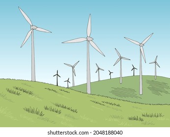 Vector de ilustración de dibujo de paisaje de color gráfico de molinos de viento