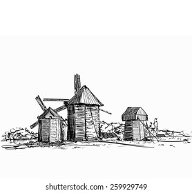 Windmills. Hand drawn illustration. Sketch