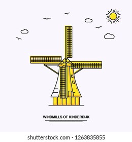 WINDMILLS OF KINDERDIJK Monument Poster Template. World Travel Yellow illustration Background in Line Style with beauture nature Scene
