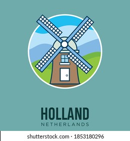 Windmills Kinderdijk the netherlands landmark design vector stock illustration. Holland Travel and Attraction, Landmarks, Tourism and Traditional Culture