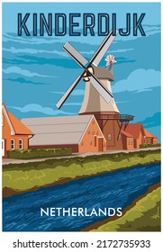 Windmills in Netherlands Vintage Vacation poster design, perfect for tshirt design and merchandise