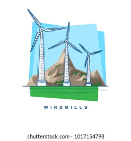 Windmills on the background of mountains from the lines