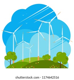 Windmills on green fields. Wind generator turbines produce energy in nature. Alternative sources of energy. Vector illustration. Isolated image on white background. 