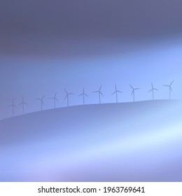 Windmills on hill. Foggy clouds. Pastel fog waves. Country landscape