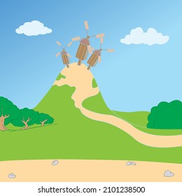 windmills on a hill near the road, cartoon