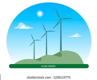 Windmills on a hill with sky and clouds on a white background, clean energy. Flat style illustration