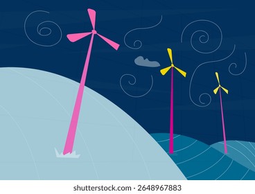 Windmühlen auf den Hügeln mit Wind flache Vektorgrafik