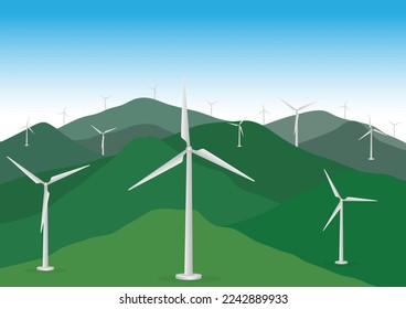 Windmills on mountain and hill. Wind turbines. Renewable alternative sources energy. Vector illustration