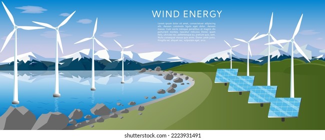 Windmills on the water near the beach, mountains and rocks. Renewable, alternative wind energy concept. Vector illustration, flat style