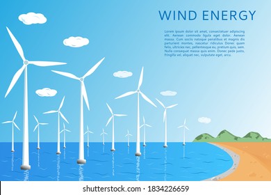 Windmills on the water. Renewable, alternative wind energy concept. Vector illustration, flat style