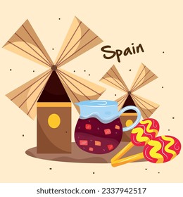 Molinos de viento con un par de maracas y té frío España plantilla de cultura Vector
