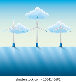 windmills and power by the river blue sky
